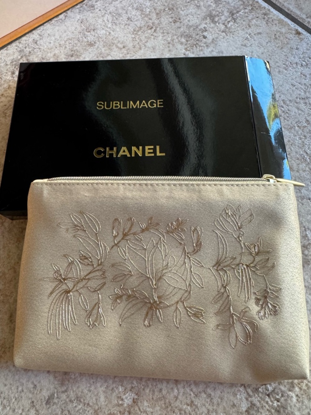 CHANEL Gold Floral Embroidered Zip Pouch